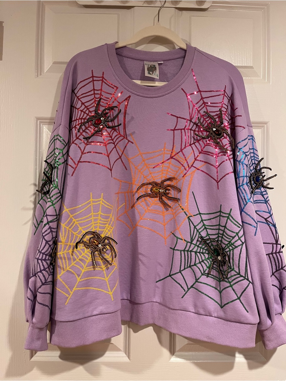 HTF QUEEN OF SPARKLES Lavender Sequin Spiderweb Crewneck Sweatshirt